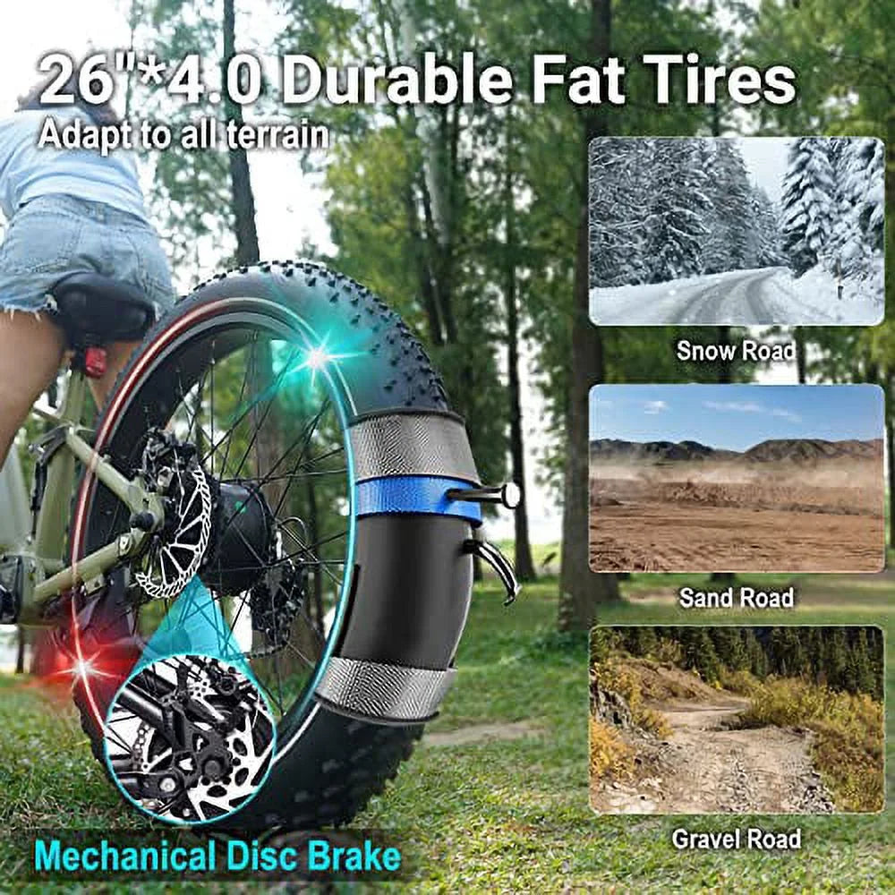 HAOQI Army Green Cheetah Electric Bike for Adults, 48V 25Ah Removable Dual Batteries Ebike, 750W Brushless Motor up to 28MPH, Shimano 7-Speed, 26" x 4.0 Fat Tire Full Suspension Mountain Bike