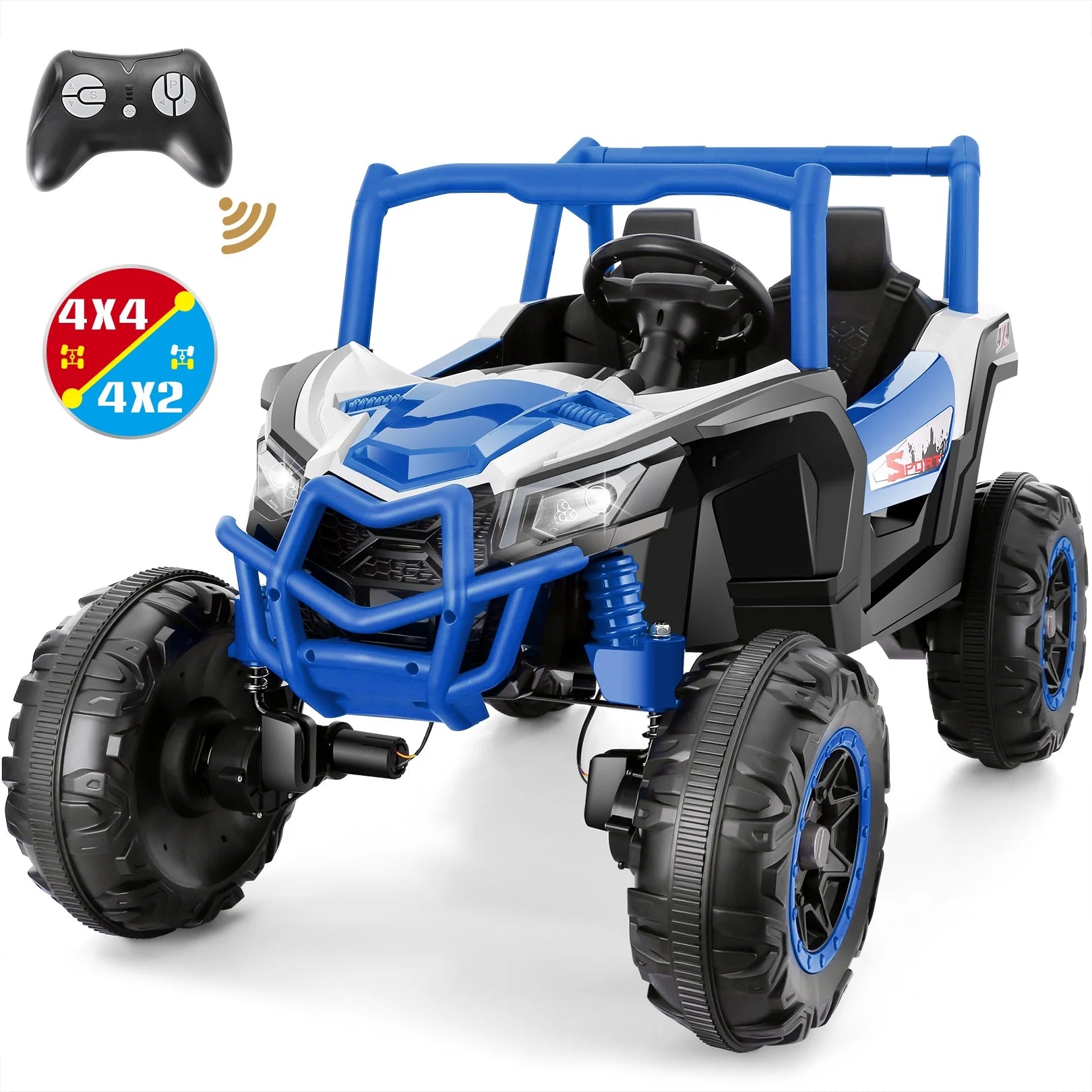 Funcid 4WD 24V Ride on Toys 2 XL Seater Kids Ride on Cars w/ Remote Control, 4*200W Motor, Electric Off-Road UTV 7AH Battery Powered 4-Wheeler Vehicle w/ Bluetooth, Music, 3-Speed, LED Light, Blue