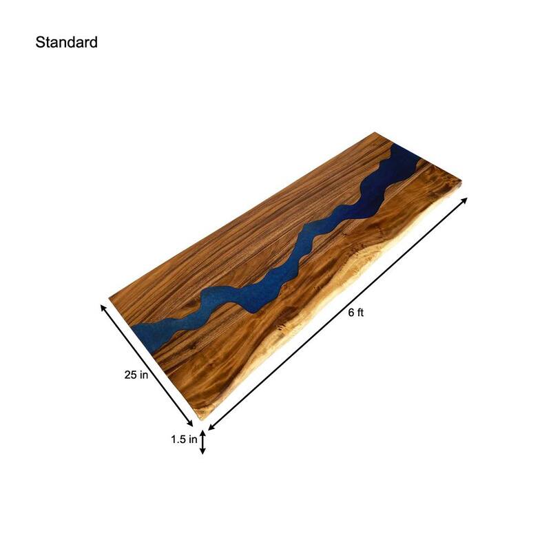 6 ft. L x 25 in. D UV Finished Saman Solid Wood Butcher Block Countertop With Live Edge and Blue Epoxy River