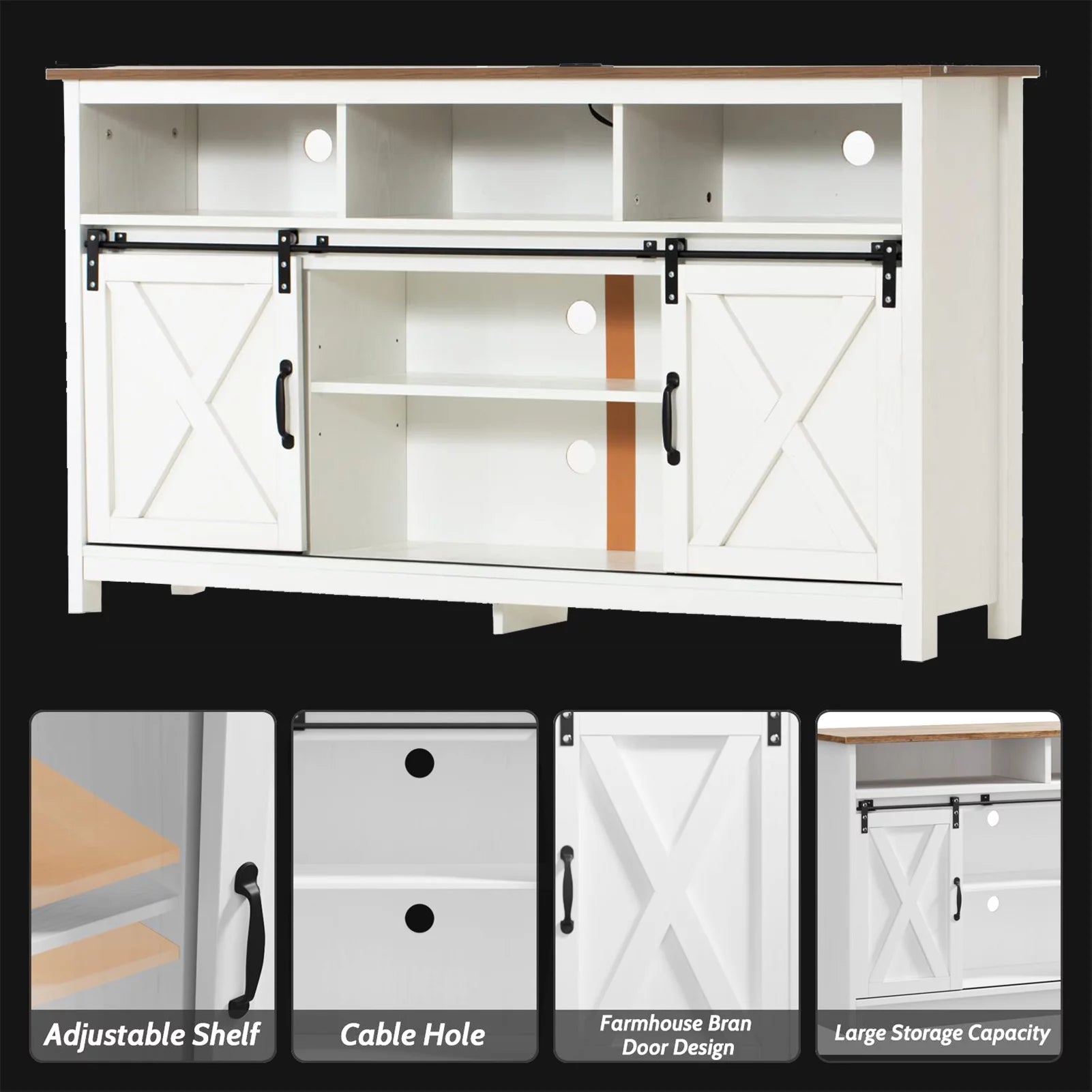 4 Layer Farmhouse Coffee Bar Cabinet With Power Outlet & LED Light, 57" Barn Door Buffet Cabinet Kitchen Storage With Adjustable Shelves(Brown)