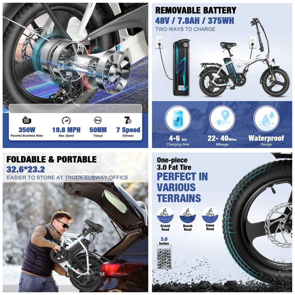 Gocio Electric Bike Fat Tire Folding Electric Bicycle for Adults with LCD Display, 350W Ebike 48V City Bike with 374.4wh Removable Battery Shimano 7 Speed Commuting Hybrid Bike UL2849