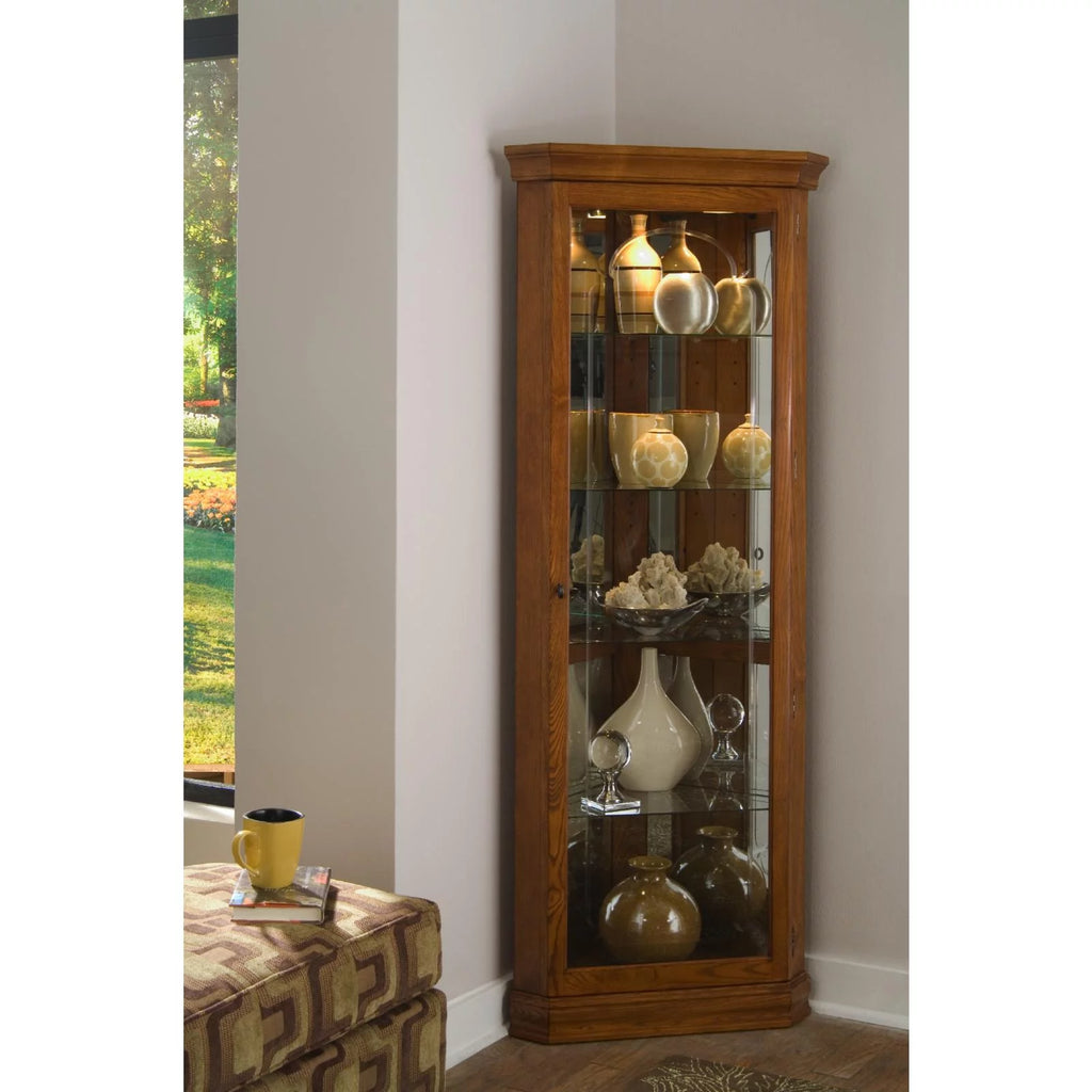 Wood Framed 4 Shelf Corner Curio Cabinet in Cherry Brown by Pulaski Furniture