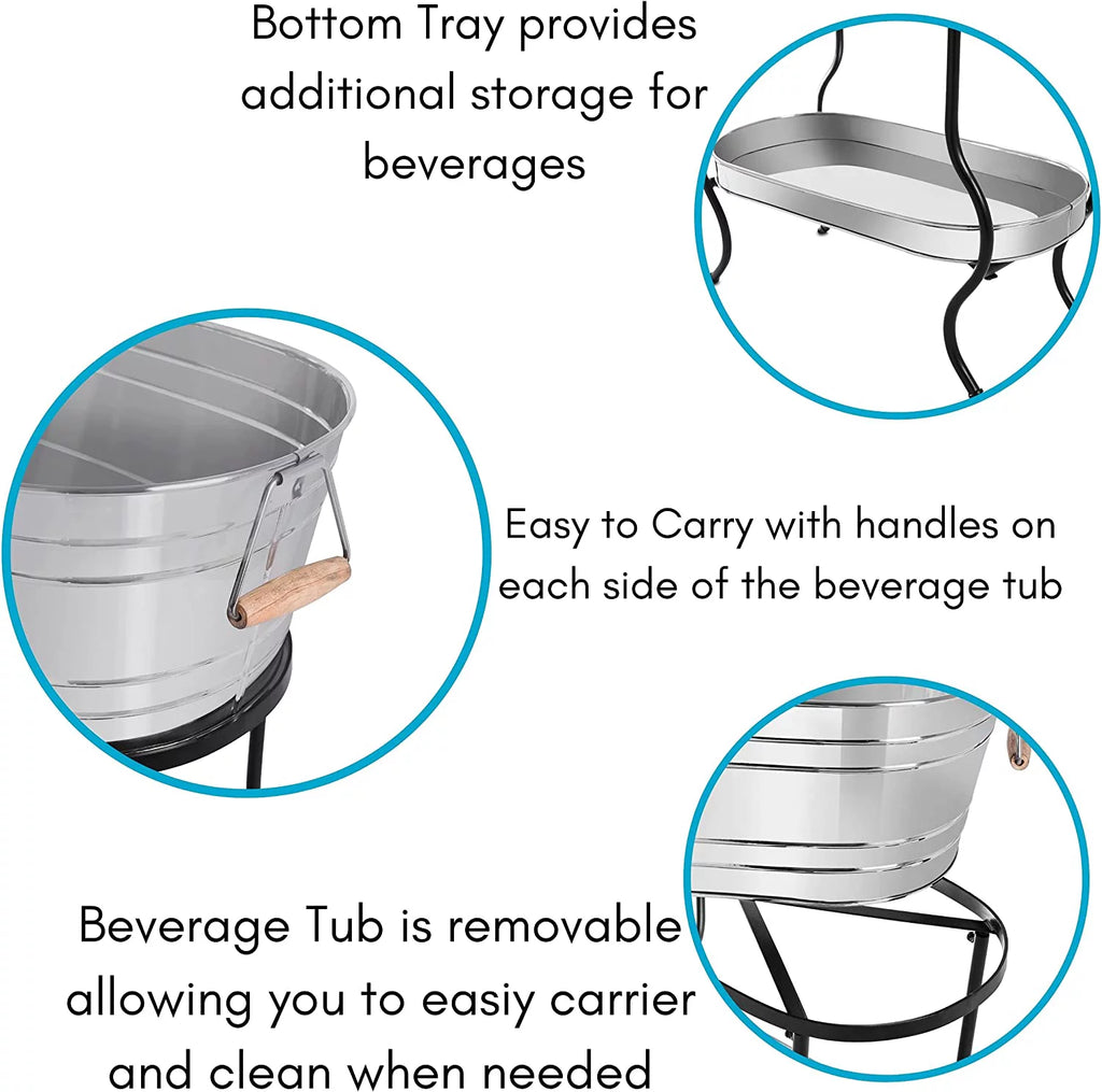 Steel Galvanized Beverage Tub with Stand and Drip Pan Tray - Oval shape (Large Size) by MG Decor - Madhu Collection
