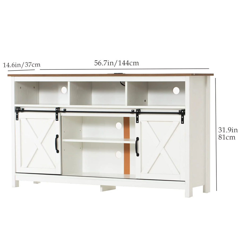 4 Layer Farmhouse Coffee Bar Cabinet With Power Outlet & LED Light, 57" Barn Door Buffet Cabinet Kitchen Storage With Adjustable Shelves(Brown)