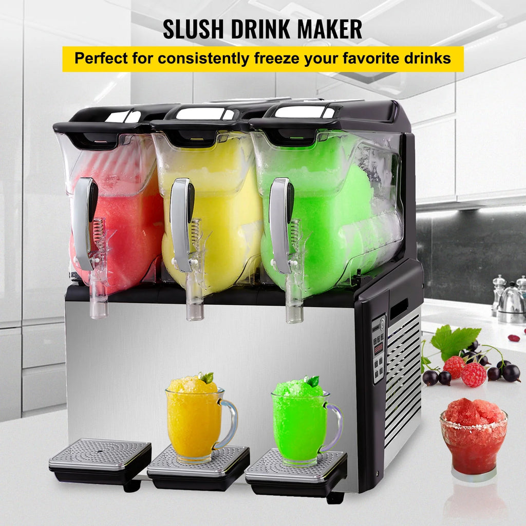 VEVORbrand 110V Commercial Slushy Machine 10L x 3 Tank Frozen Drink Machine 1250W Commercial Margarita Machine Stainless Steel Suitable, Silver
