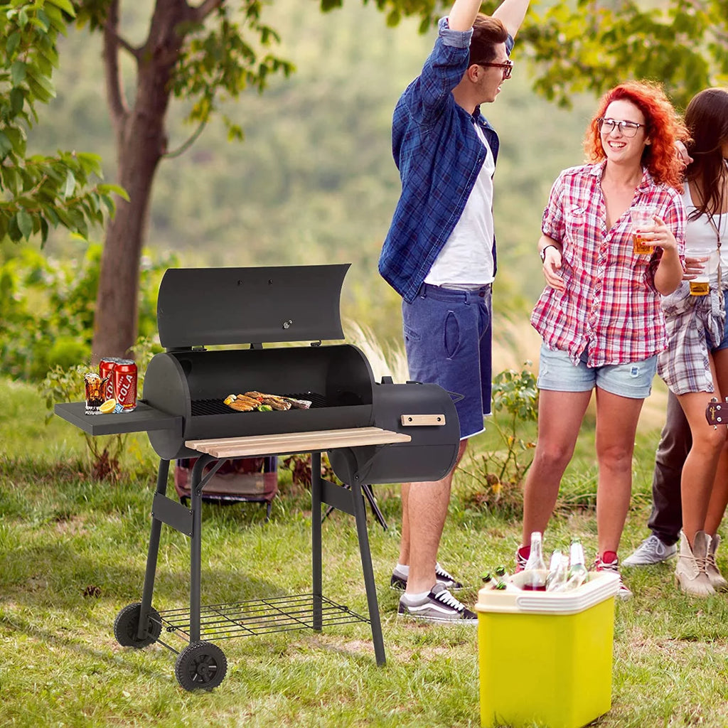 48" Portable Barrel Charcoal BBQ Grill, Steel Outdoor Barbecue Smoker with 232 Square Inches Cooking Space, Storage Shelf, Wheels for Garden Camping Picnic, Black