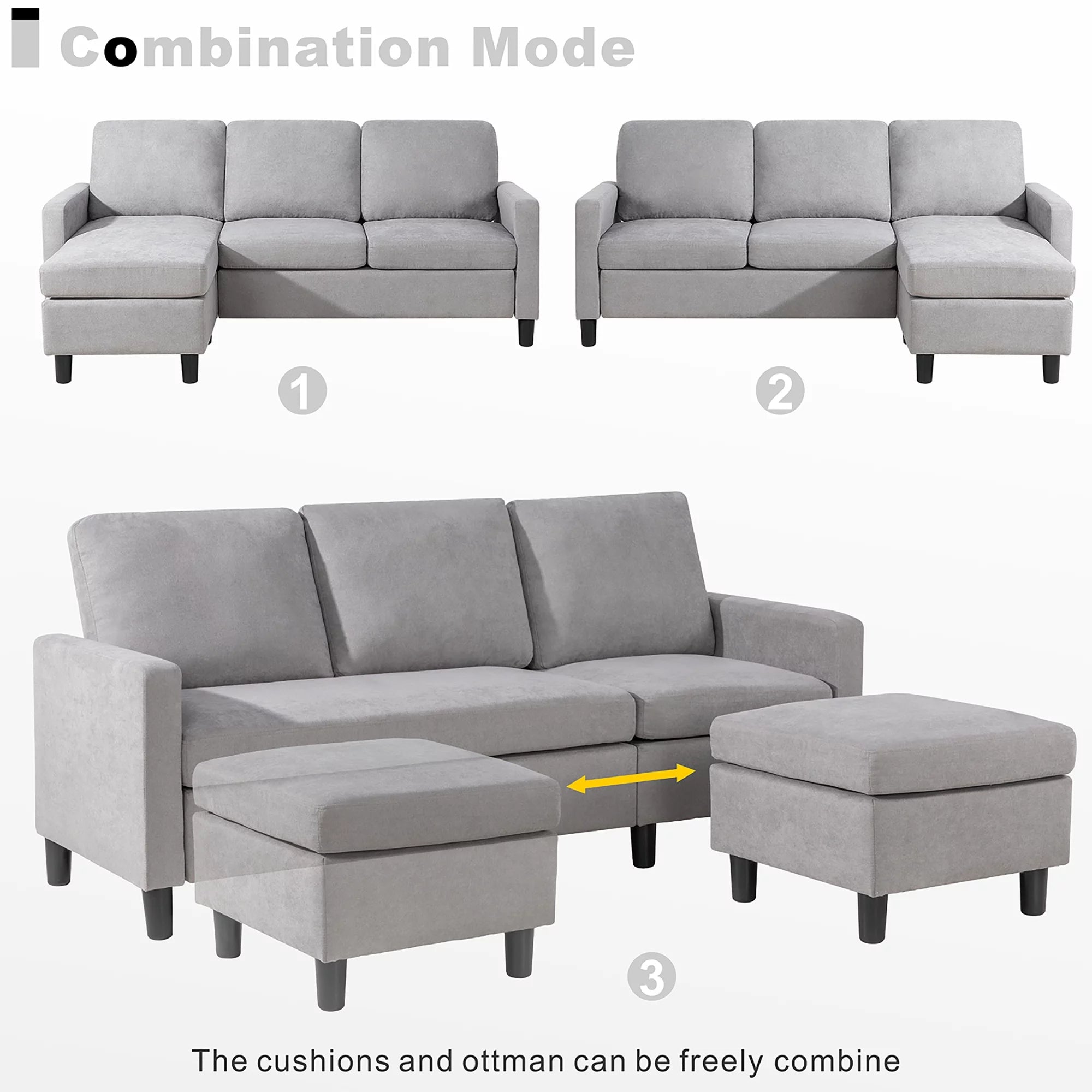 Walsunny Linen Fabric Convertible L-Shaped Sectional Sofa(Dark Gray)