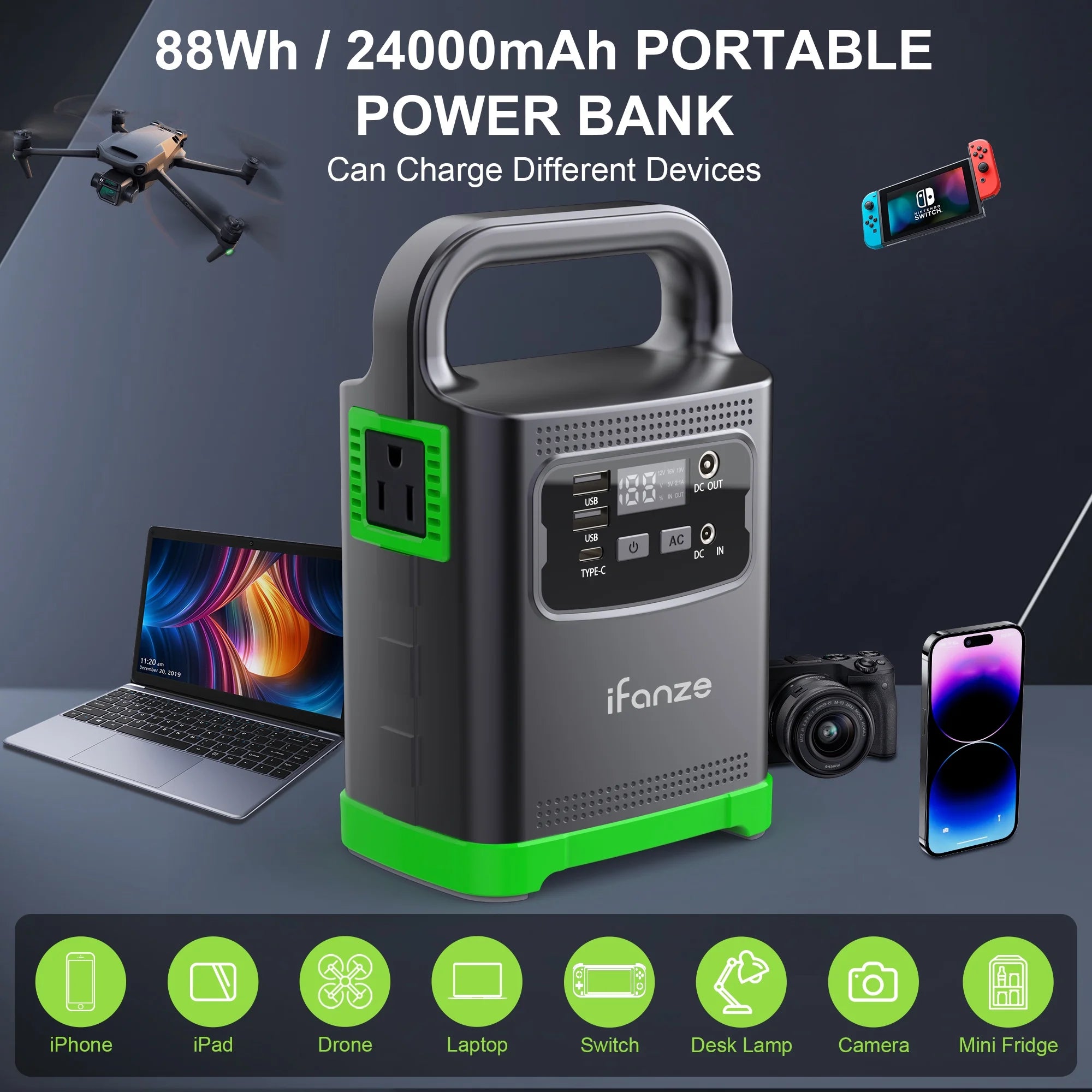 iFanze 100W Portable Power Station, 24000mAh Outdoor Solar Generator Quick Charge 110V AC, DC Ports  Generator for Outdoor Camping, Home Backup, RV Camping, Emergency, Power Outages (No Solar Panel)