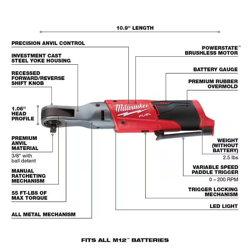 M12 FUEL 12V Lithium-Ion Brushless Cordless 3/8 in. and 1/2 in. Ratchet with Two 3.0 Ah Batteries