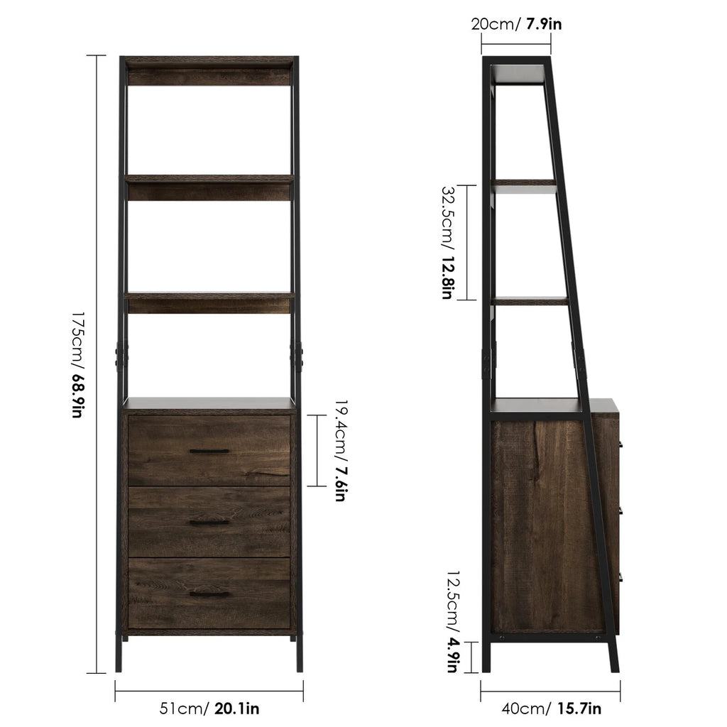 Homfa 3 Drawers Ladder Bookshelf, 3 Tier Open Storage Shelves for Office Living Room, Rustic Brown