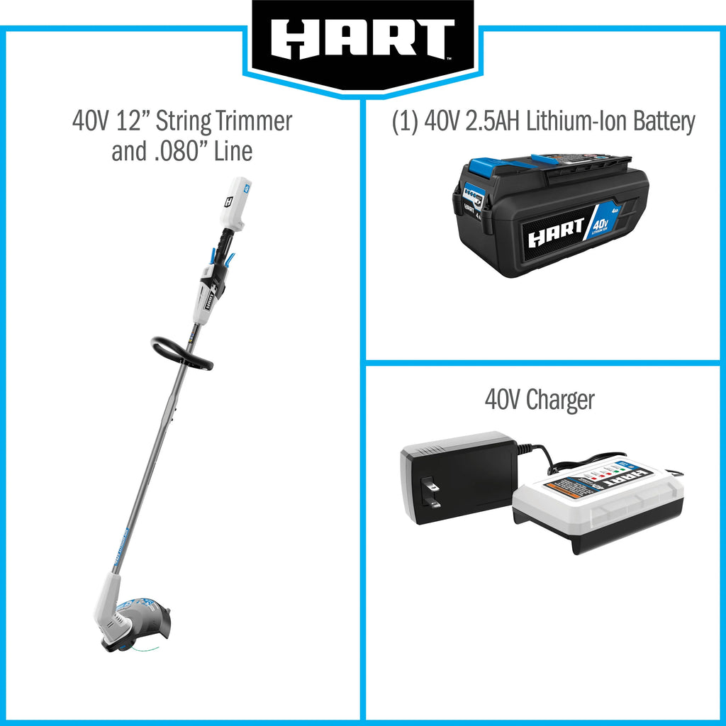 HART 40-Volt 12-inch Cordless String Trimmer Kit, (1) 2.5Ah Lithium-Ion Battery