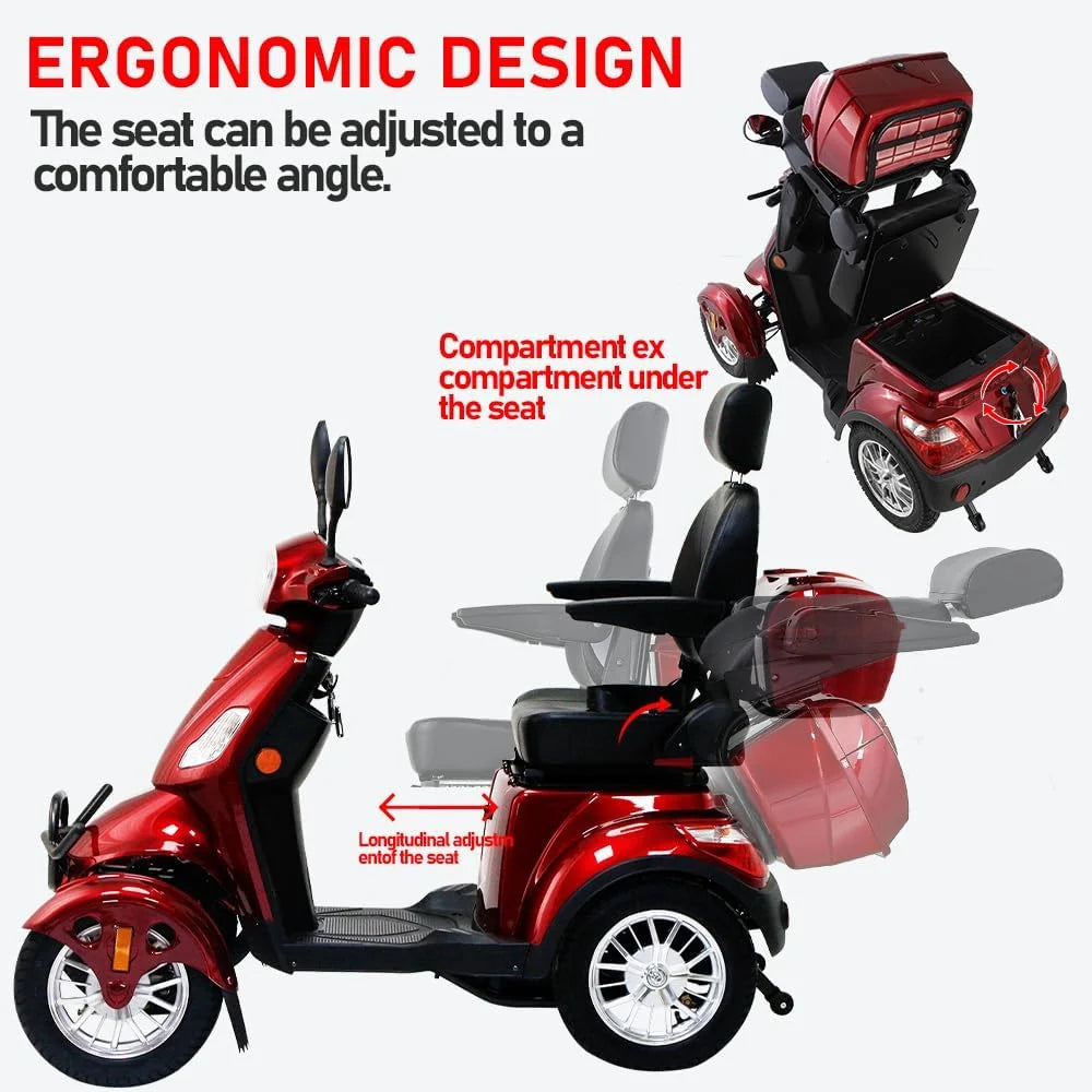 Mobility Scooters 4-Wheel Mobility Scooter Battery Powered Compact Rear Box 360 Degree Adjustable Seat  Red