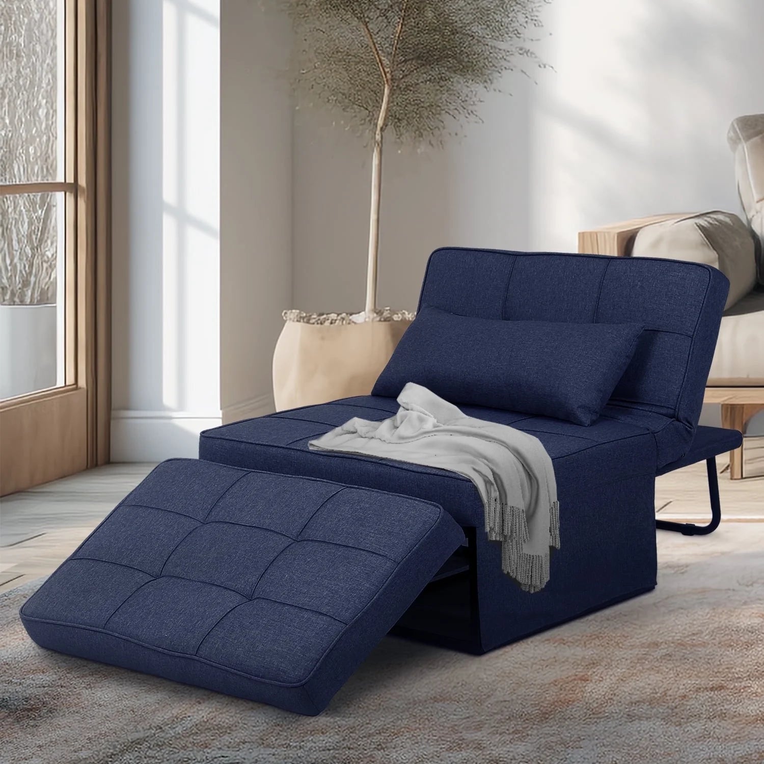 Ainfox Ottoman Chair Lounger Bed .4 in 1 Breathable Linen Convertible Single Sofa Couch, 73.23''L x 33.86''W(Dark Grey)(Beige)