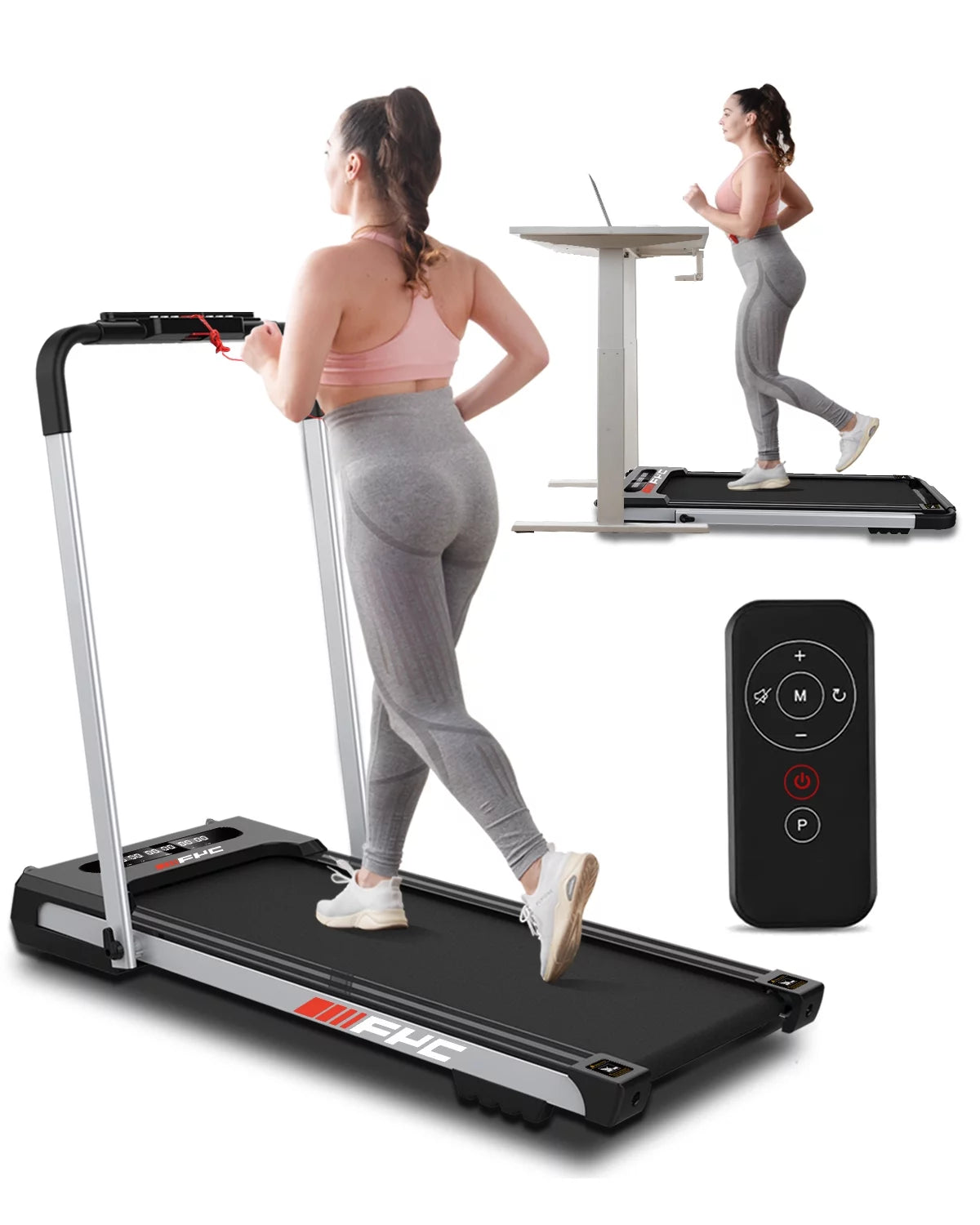 FYC 3.5HP Under Desk Treadmill - 300LBS Weight Capacity, 2-in-1 Foldable Design, Remote Control & LED Display - Compact Electric Walking and Running Machine for Walking, Running, Jogging (White)