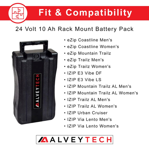AlveyTech 24 Volt 10 Ah Rack Mount Battery Pack for Currie eZip and IZIP Electric Power Bike eBike