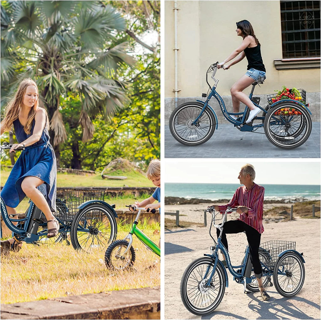 Mooncool 24" 26" 3 Wheel Electric Tricycle for Adults, 350W 36V 7 Speeds Motorized Electric Trike Three Wheel Electric Bikes Bicycle with Large Basket & Accessories for Women Men