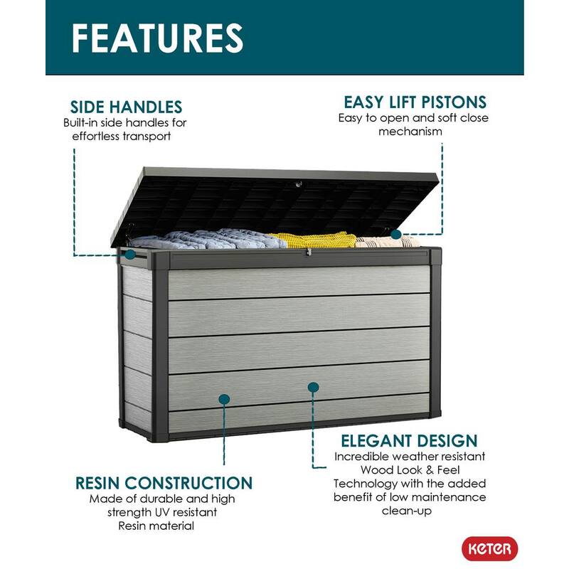 Denali 200 Gal. Large Durable Resin Plastic Deck Box Outdoor Storage For Patio Lawn and Garden, Grey