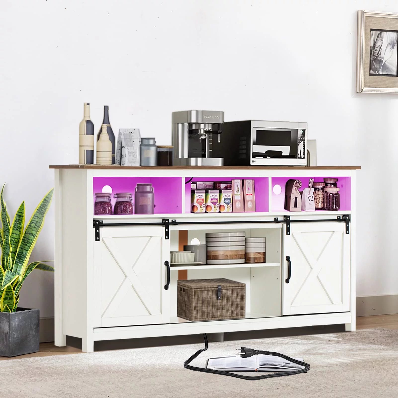 4 Layer Farmhouse Coffee Bar Cabinet With Power Outlet & LED Light, 57" Barn Door Buffet Cabinet Kitchen Storage With Adjustable Shelves(Brown)