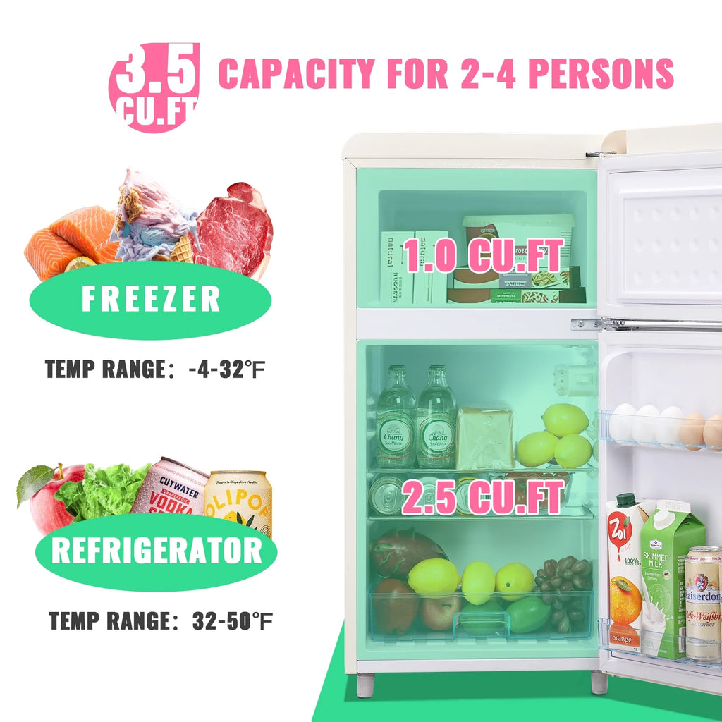DEMULLER 3.5 CU.FT Mini Fridge 2 Door Compact Refrigerator  7 Adjustable Temperature Control White