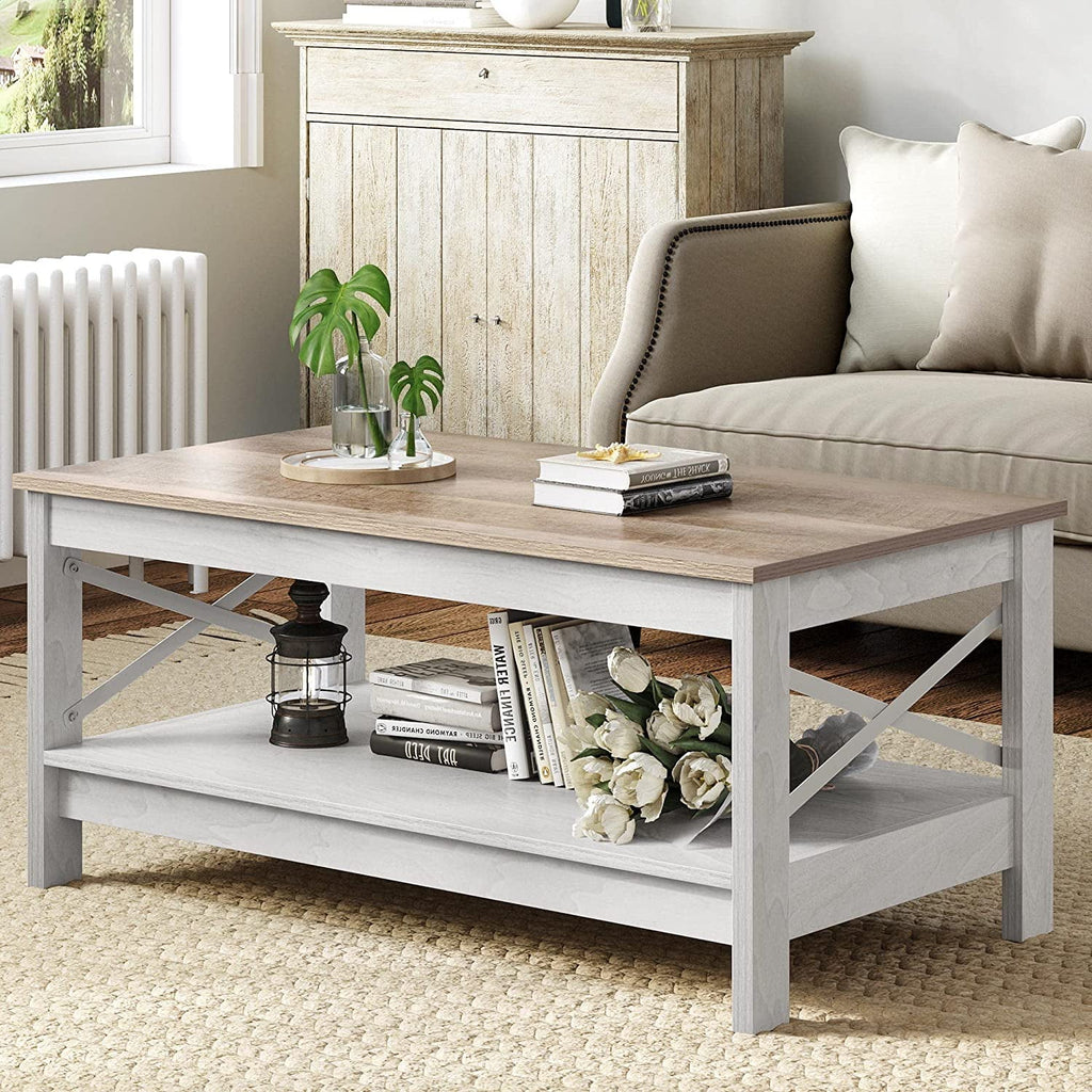 Dextrus Farmhouse Coffee Table 2-Tier Wood Center Table with Storage Shelf for Living Room, Gray, 39.7