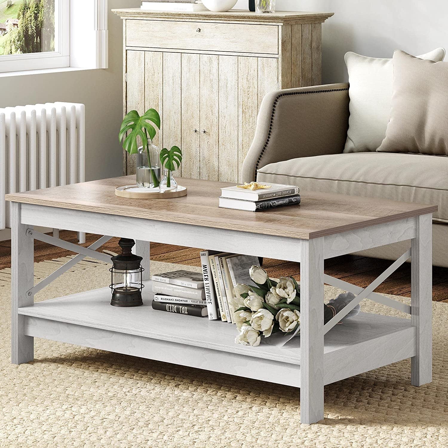 Dextrus Farmhouse Coffee Table 2-Tier Wood Center Table with Storage Shelf for Living Room, Gray, 39.7