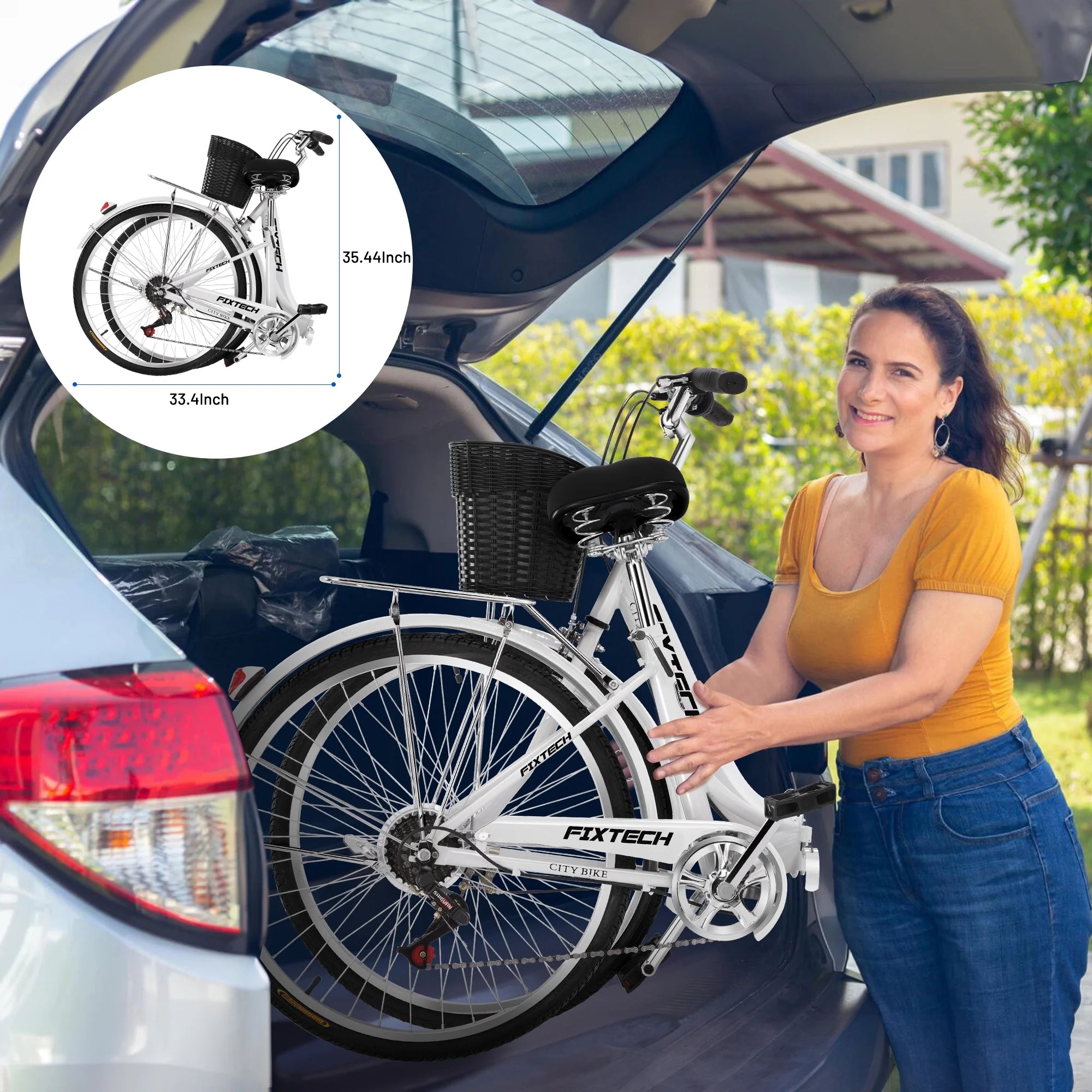 FIXTECH 26 Inch 7 Speed Foldable City Bike, Cruiser Bike, Carbon Steel Bicycle for Adults, White