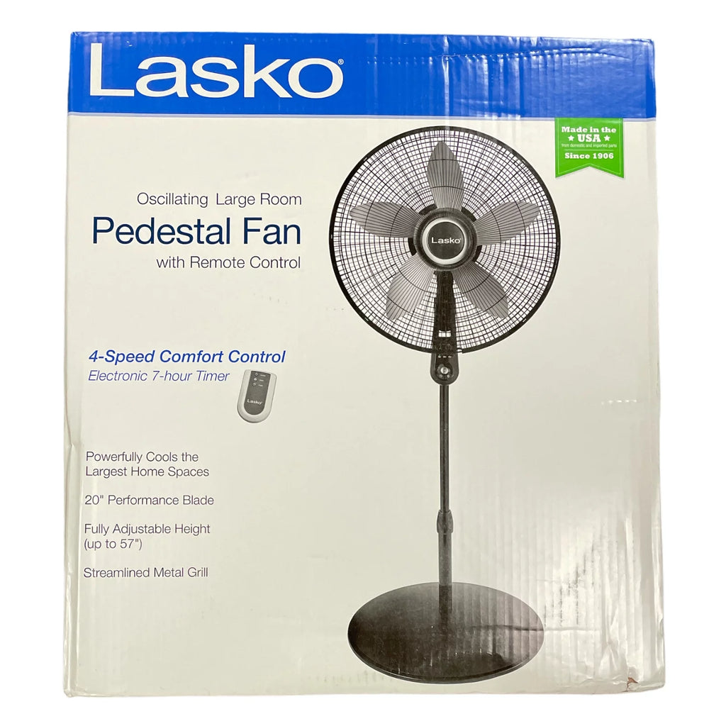 Lasko 20" Oscillating Pedestal Fan, 4 Speed Remote Control, 57" Tall (Black)