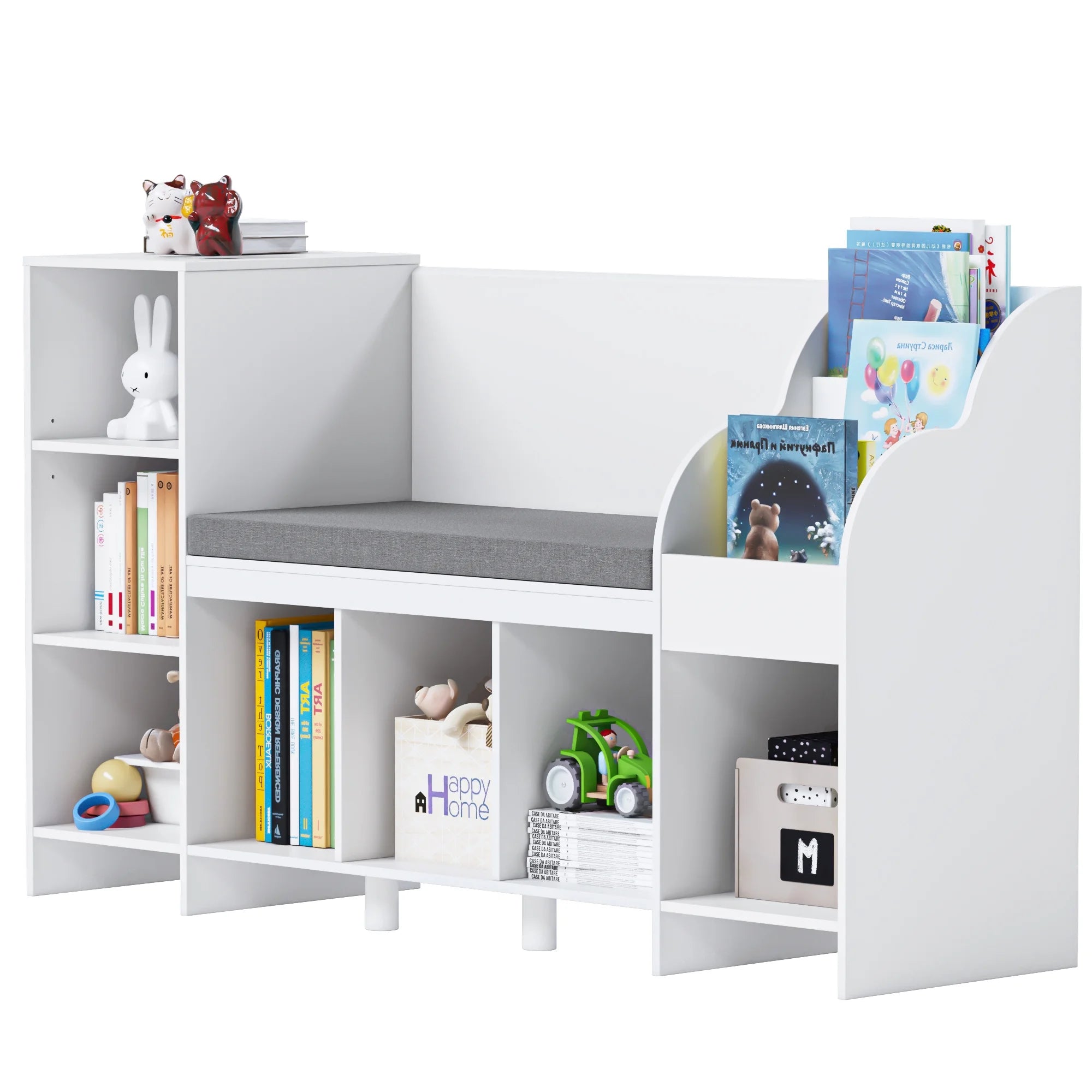 Homfa 31.5'' H x 54.5'' W Kids Bookshelf with Reading Nook, 2 Seats 7 Toy Shelves Wooden Kids Storage Organizer, White