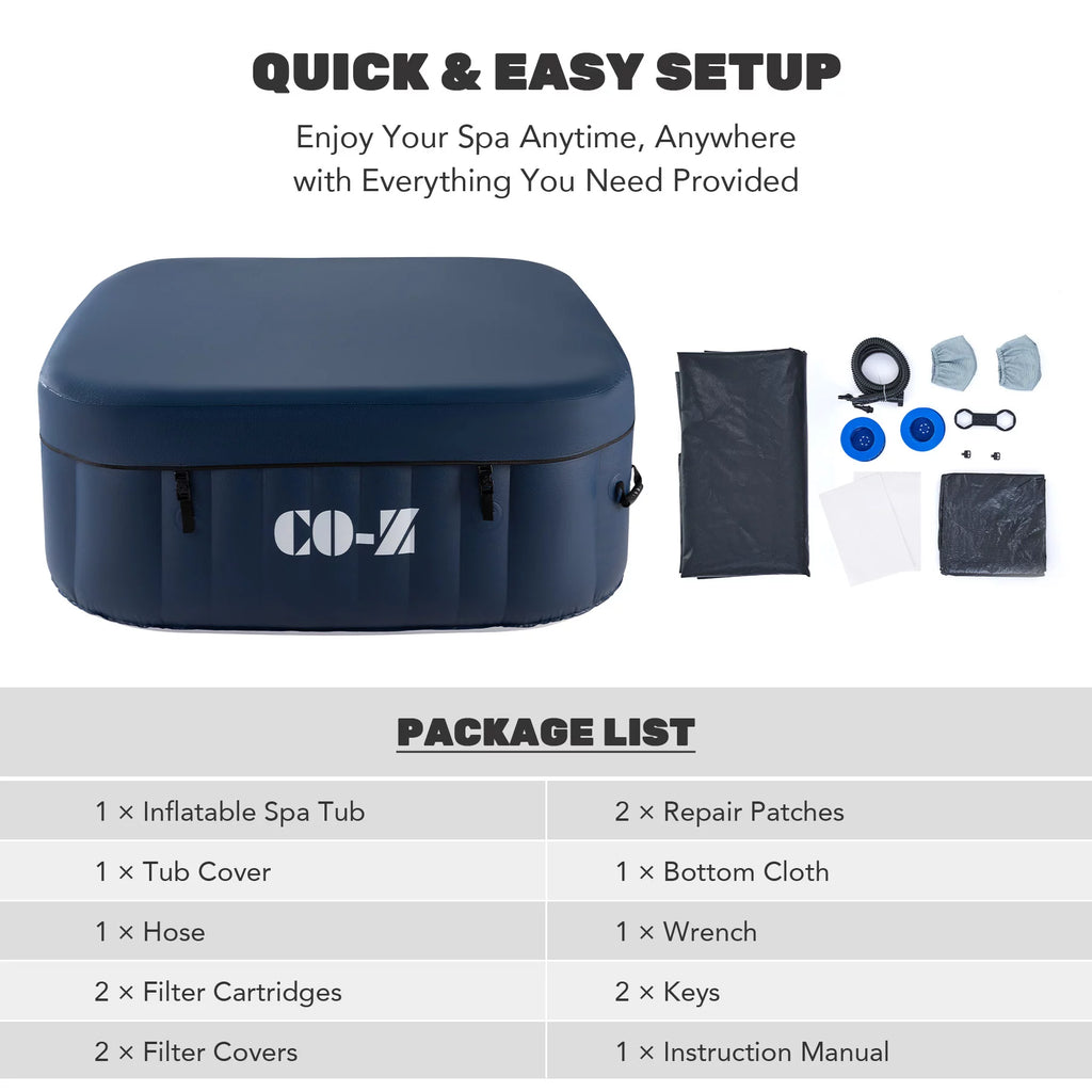 CO-Z 5x5ft PVC Square Inflatable Spa Tub &amp; 120 Massaging Jets for Patio &amp; More for 4-person Blue