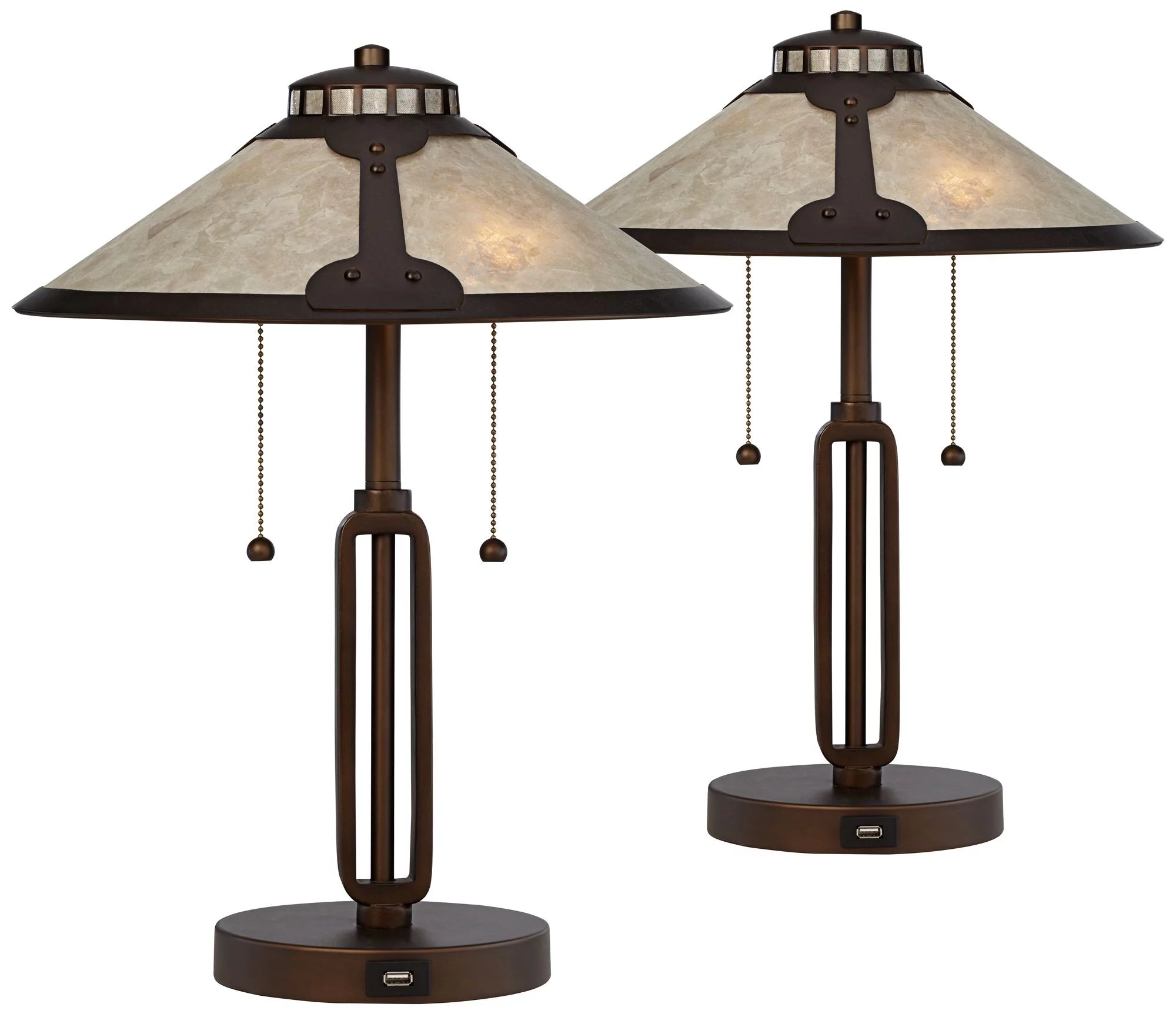 Franklin Iron Works Samuel Mission Desk Table Lamps 20" High Set of 2 Bronze with USB Charging Port Mica Shade for Bedroom Living Room Bedside Desk