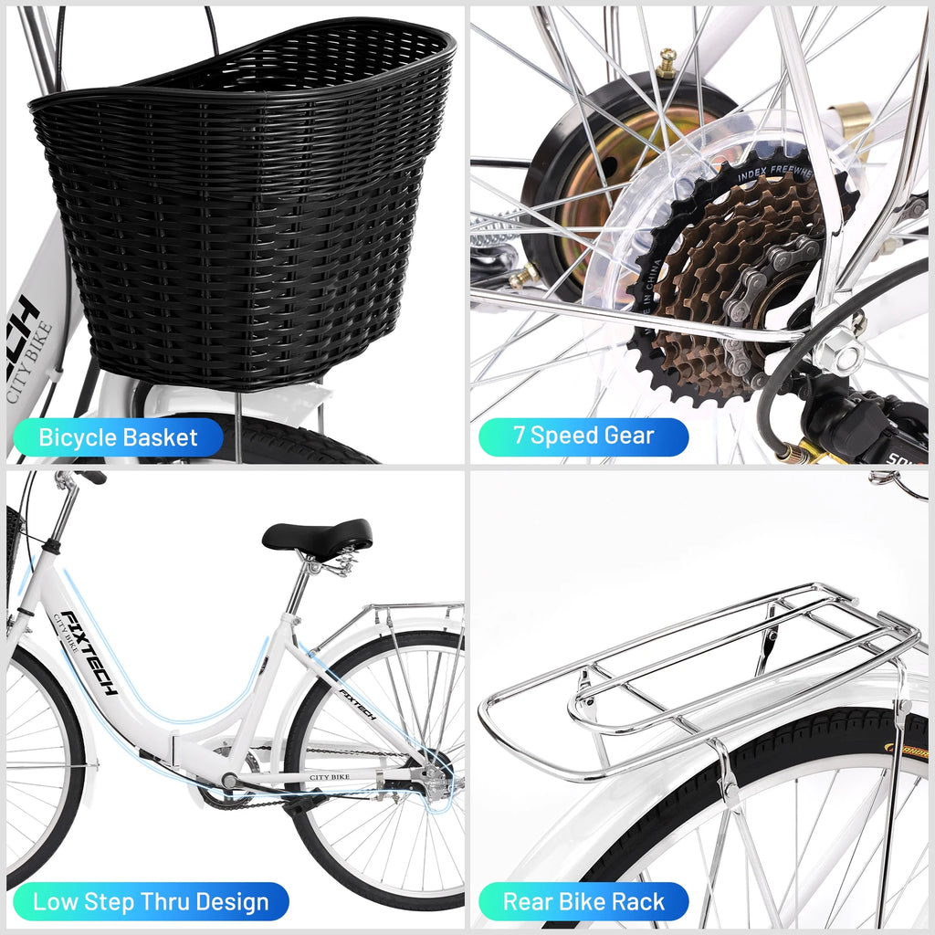FIXTECH 26 Inch 7 Speed Foldable City Bike, Cruiser Bike, Carbon Steel Bicycle for Adults, White
