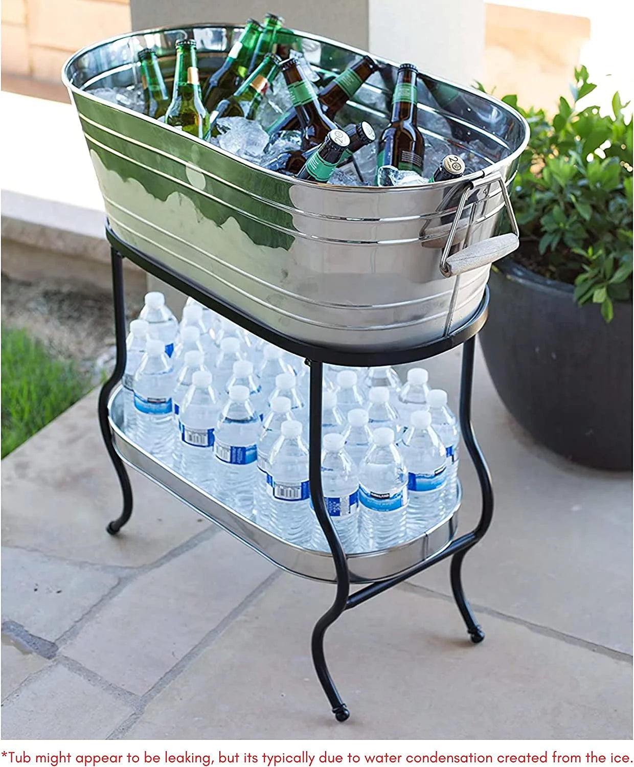 Steel Galvanized Beverage Tub with Stand and Drip Pan Tray - Oval shape (Large Size) by MG Decor - Madhu Collection