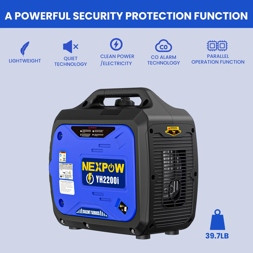 NEXPOW Portable Inverter Generator, 2250W Super Quiet Generator with CO Alarm Ideal,Eco-Mode Feature, Parallel Capability,EPA Compliant,and 5v/3A USB Outle,Lightweight For Backup Home & Camping