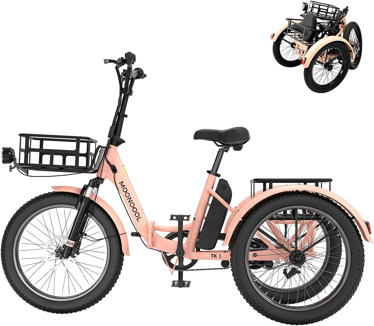 MOONCOOL 24"/26" Electric Tricycle for Adults, 350W 36V 7 Speeds Electric Trike Motorized Three Wheel Electric Bikes Bicycle with Large Basket for Women Men