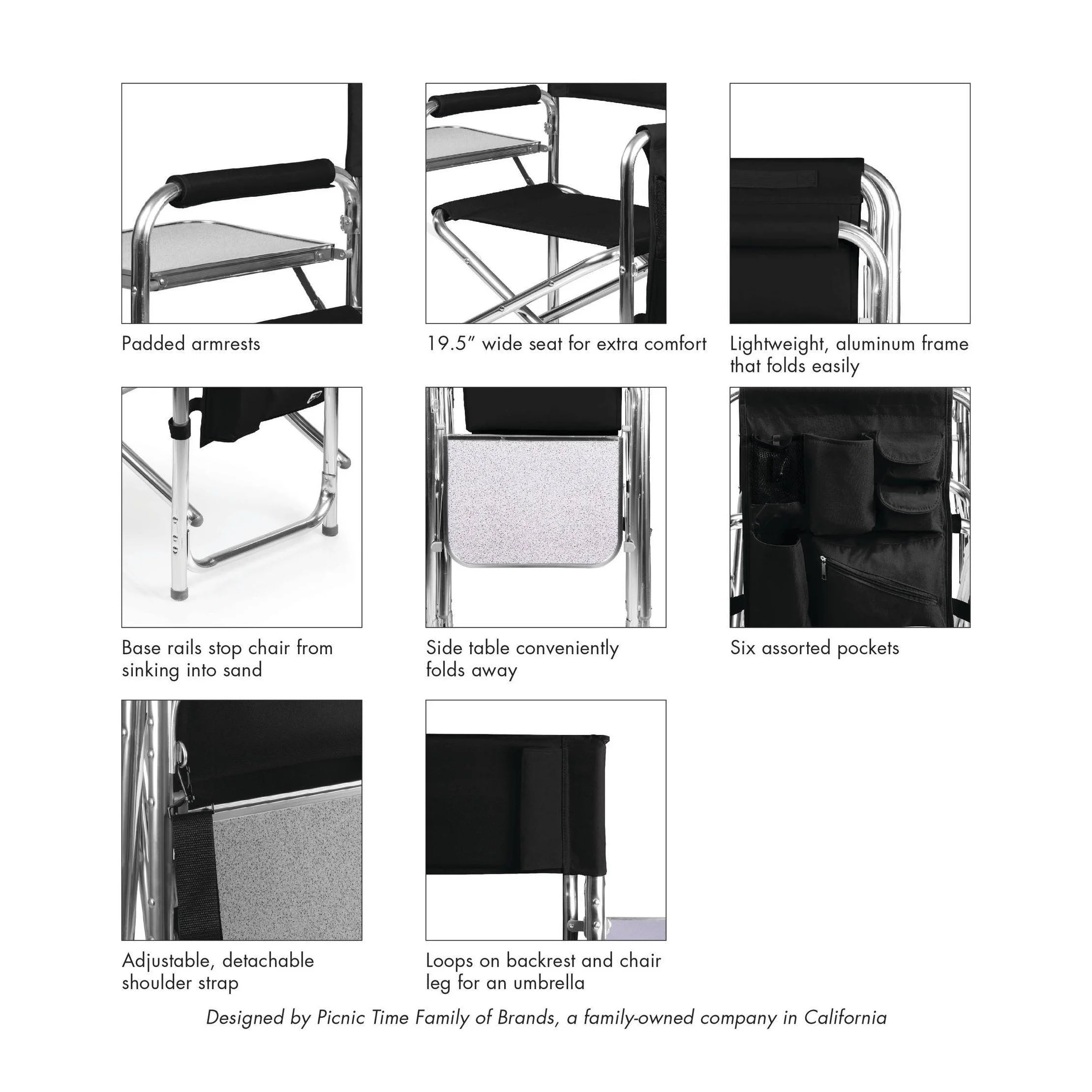 Sports Chair with Table and Pockets - Black