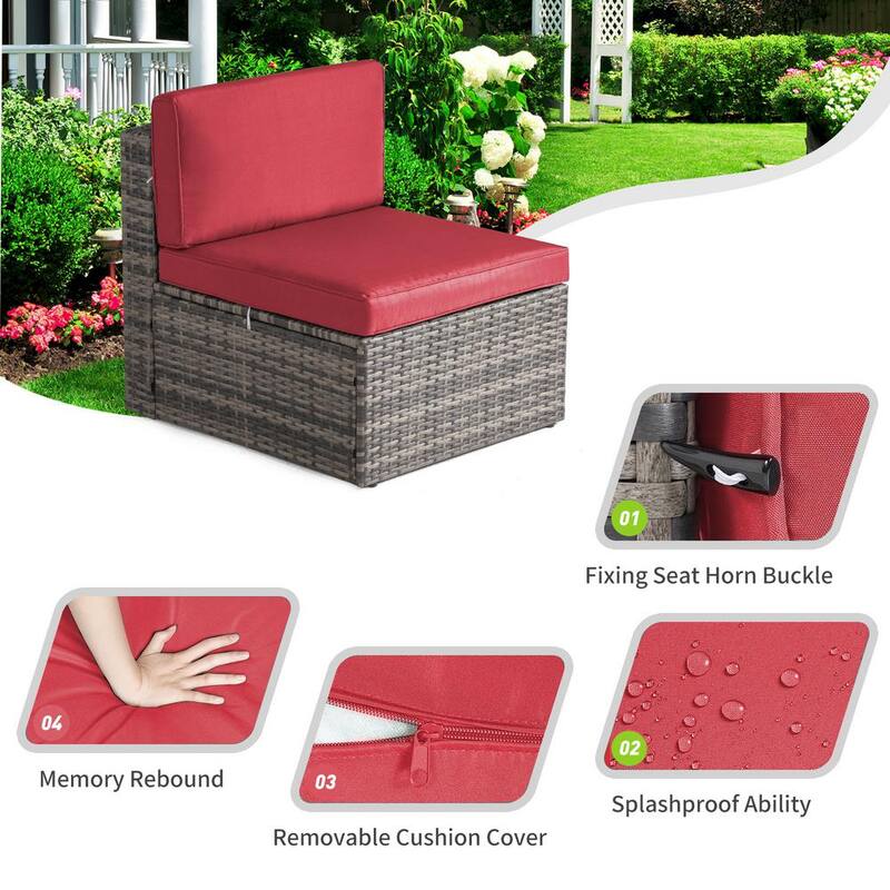 7-Piece Brown Wicker Outdoor Sectional Set with Red Cushions and Coffee Table