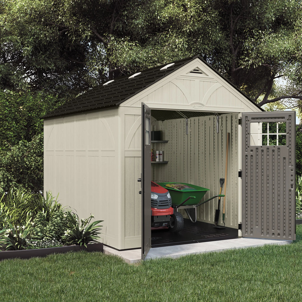Suncast Metal and Resin Storage Shed, Vanilla, 122.25 in D x 103 in H x 100.5 in W