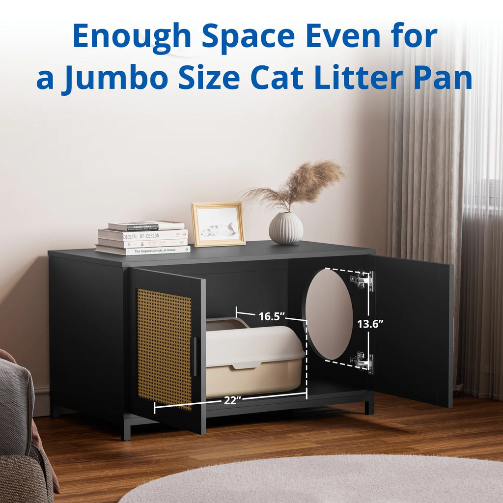 Cozy Castle Hidden Cat Litter Box Enclosure, Rattan Cat Litter Box Furniture with Doors, Indoor Cat House for Large Cats, Wood Pet Washroom, Pet Cabinet Furniture as TV Stand, Storage Cabinet, Black