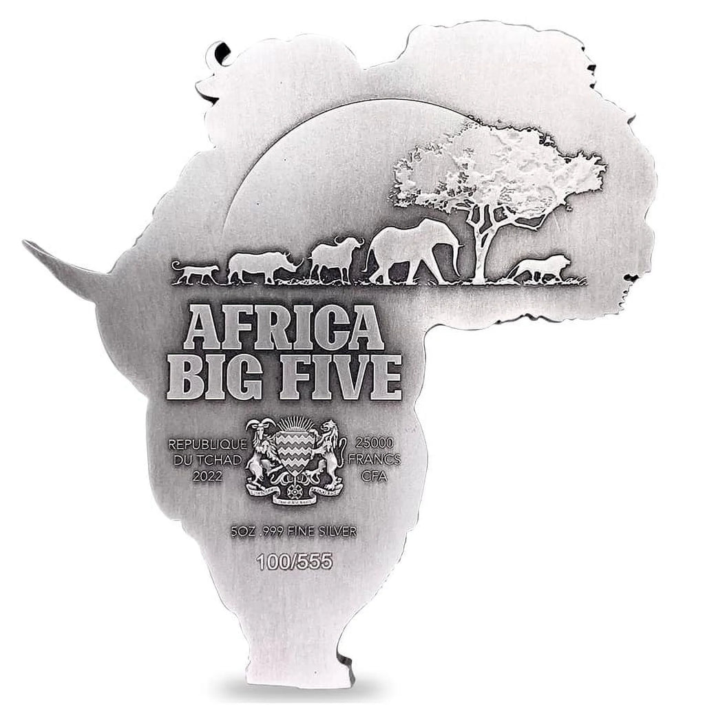 2022 Chad 5 oz Silver Big Five Africa Shaped High Relief Coin .999 Fine (w/Box)