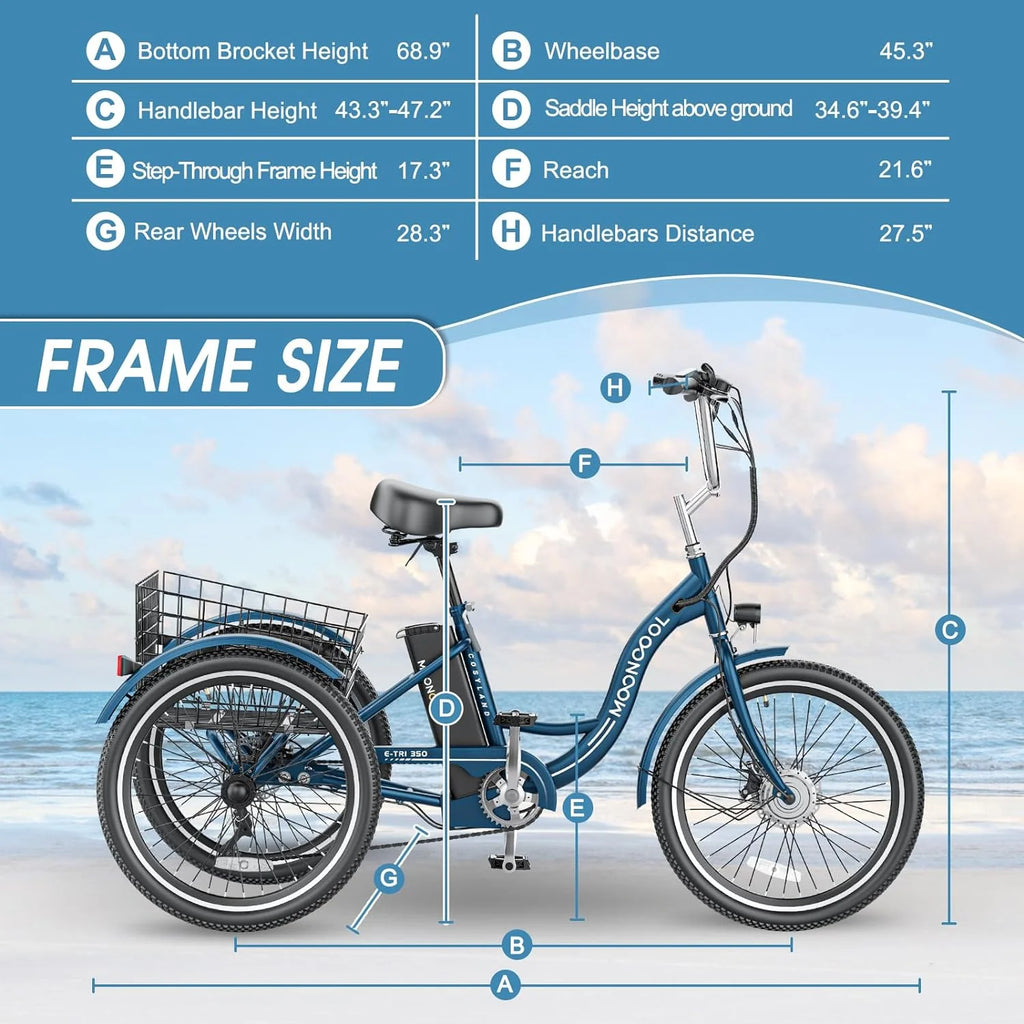 Mooncool 24" 26" 3 Wheel Electric Tricycle for Adults, 350W 36V 7 Speeds Motorized Electric Trike Three Wheel Electric Bikes Bicycle with Large Basket & Accessories for Women Men