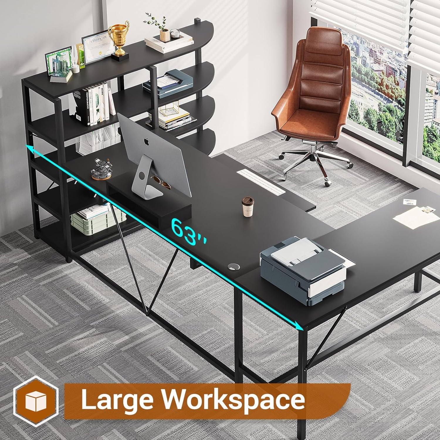 U-SHARE  L Shaped Computer Desk, 63'' Desk with Storage Shelves, Keyboard Tray, Monitor Stand and Headphone Hook, Corner Gaming Desk with LED Lights,