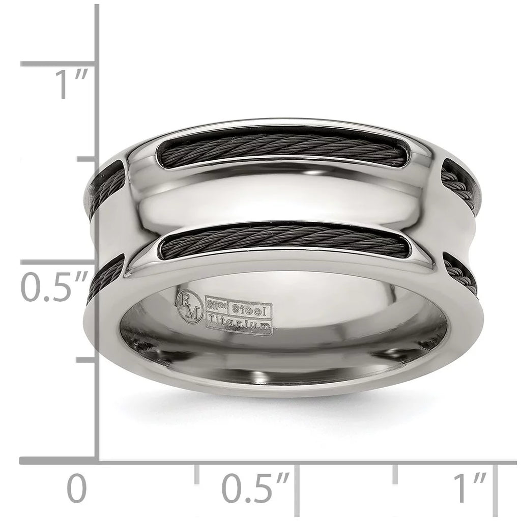 Edward Mirell Stainless Steel Engravable and Black Titanium Cable Edge Polished Concave 10mm Band Size 8 Jewelry for Wom