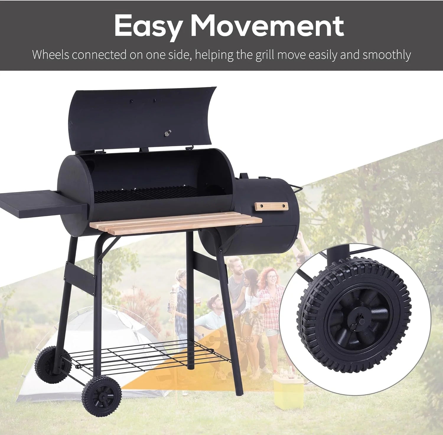 48" Portable Barrel Charcoal BBQ Grill, Steel Outdoor Barbecue Smoker with 232 Square Inches Cooking Space, Storage Shelf, Wheels for Garden Camping Picnic, Black