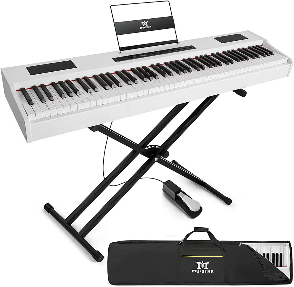 MUSTAR Weighted Digital Keyboard Piano 88 Keys Hammer Action with Stand, Bluetooth, Portable Case, Sustain Pedal (White)