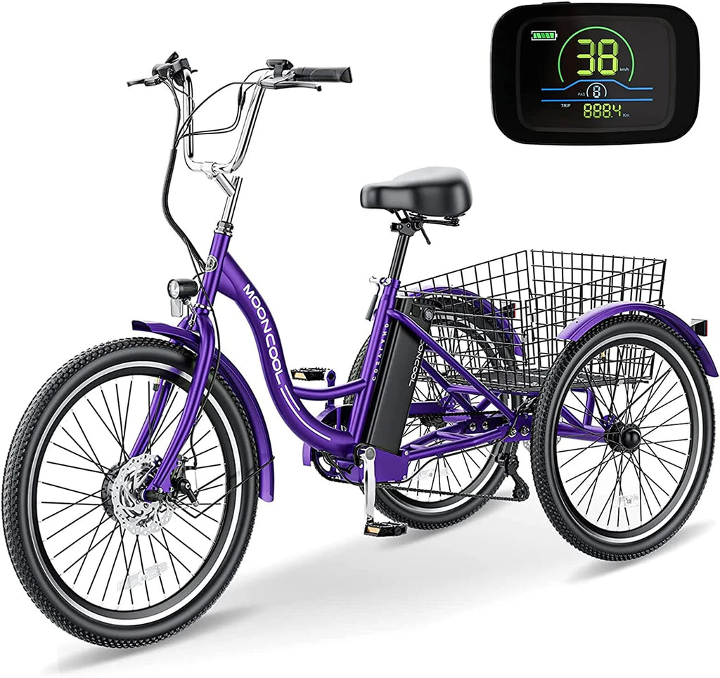 Mooncool 24" 26" 3 Wheel Electric Tricycle for Adults, 350W 36V 7 Speeds Motorized Electric Trike Three Wheel Electric Bikes Bicycle with Large Basket & Accessories for Women Men