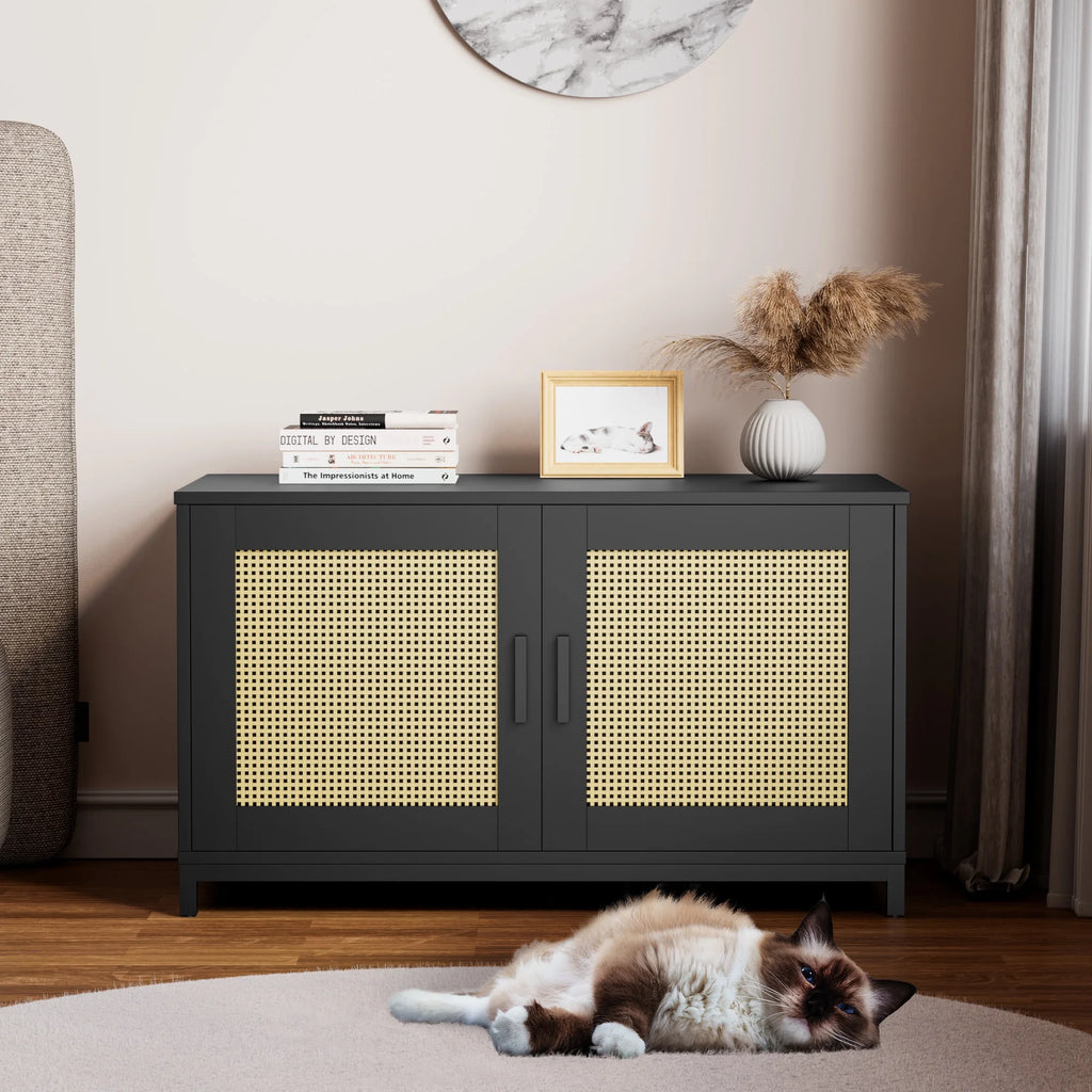 Cozy Castle Hidden Cat Litter Box Enclosure, Rattan Cat Litter Box Furniture with Doors, Indoor Cat House for Large Cats, Wood Pet Washroom, Pet Cabinet Furniture as TV Stand, Storage Cabinet, Black
