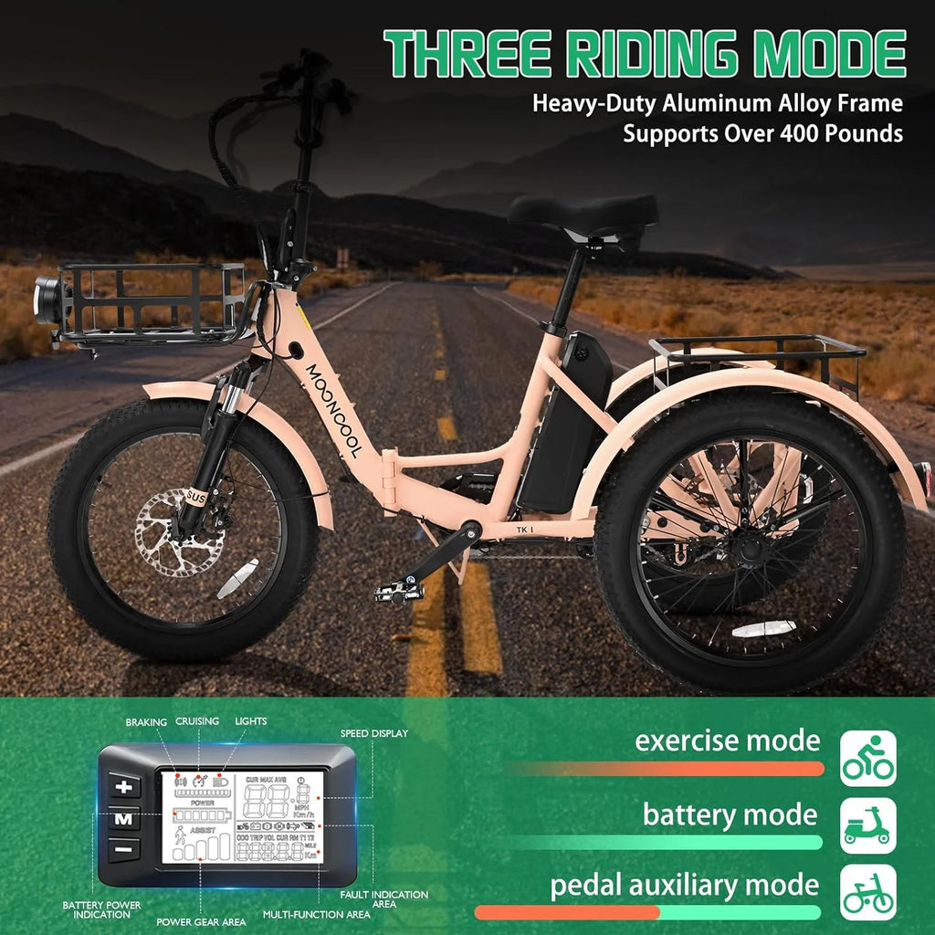 MOONCOOL 24"/26" Electric Tricycle for Adults, 350W 36V 7 Speeds Electric Trike Motorized Three Wheel Electric Bikes Bicycle with Large Basket for Women Men