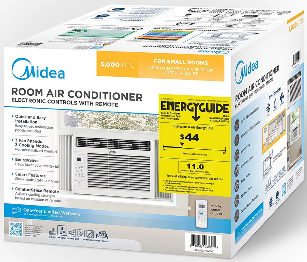 Midea 5,000 BTU 115V Window Air Conditioner with Comfort Sense Remote, up to 150 Sq. ft., Black, MAW05R1WWT-T