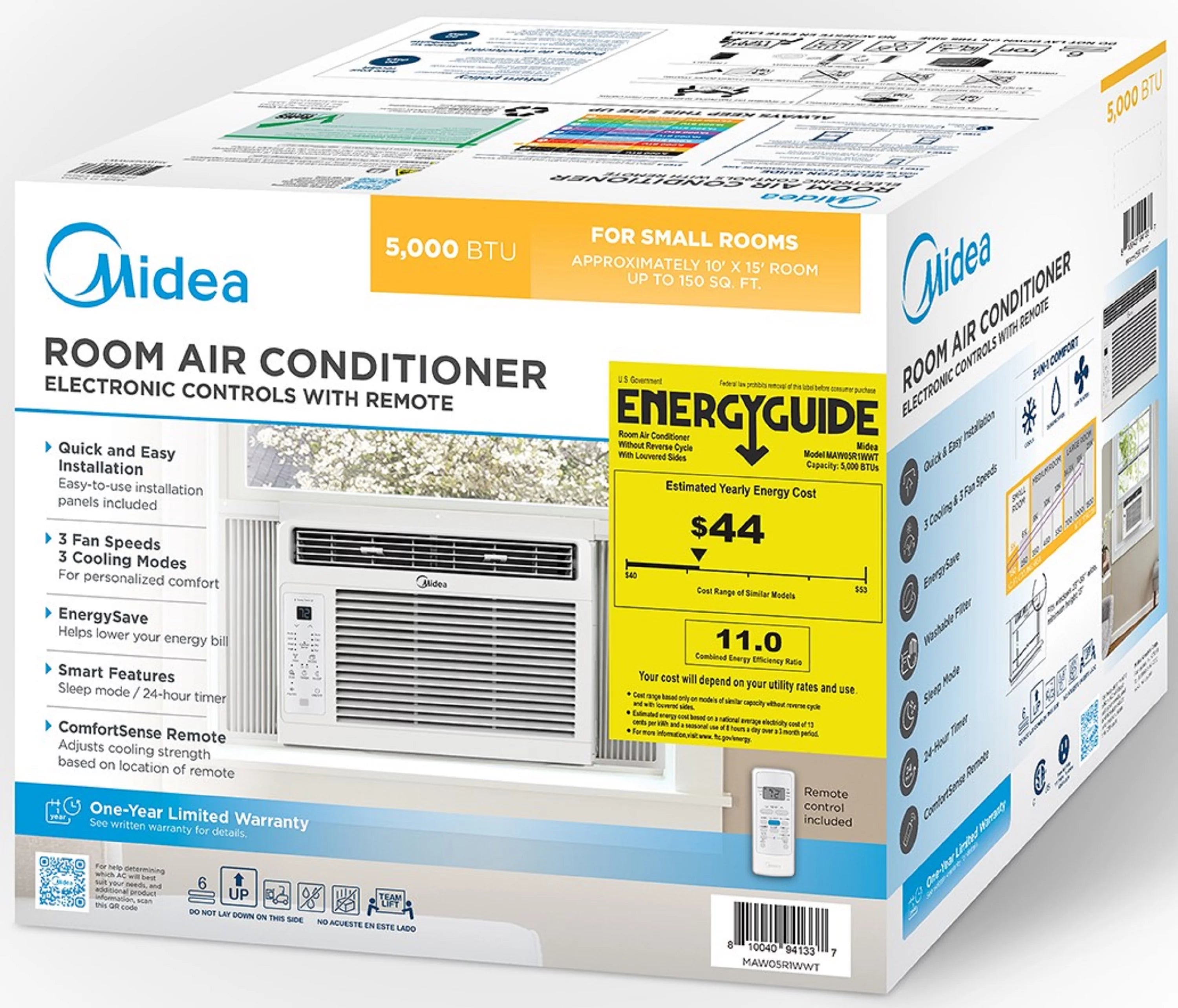 Midea 5,000 BTU 115V Window Air Conditioner with Comfort Sense Remote, up to 150 Sq. ft., Black, MAW05R1WWT-T