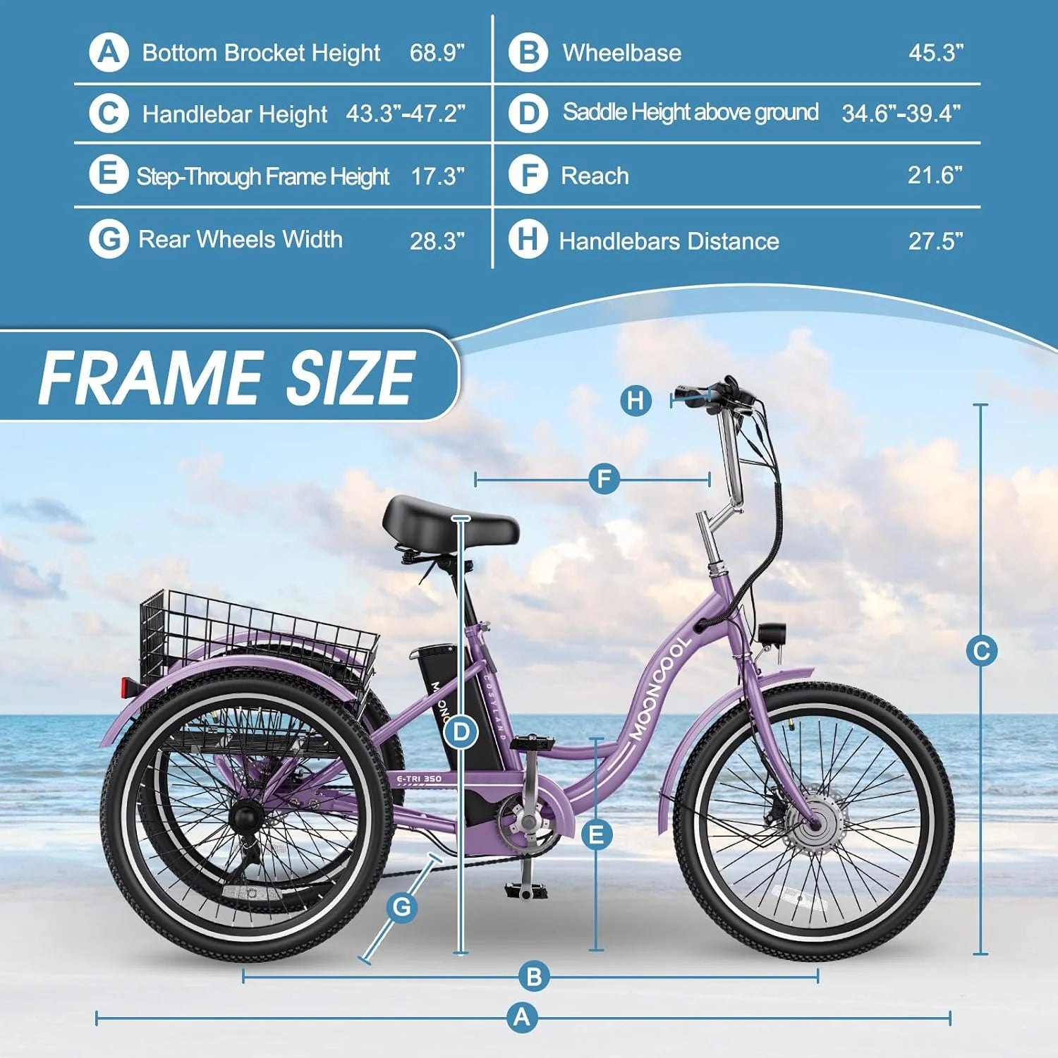 Mooncool 24" 26" 3 Wheel Electric Tricycle for Adults, 350W 36V 7 Speeds Motorized Electric Trike Three Wheel Electric Bikes Bicycle with Large Basket & Accessories for Women Men